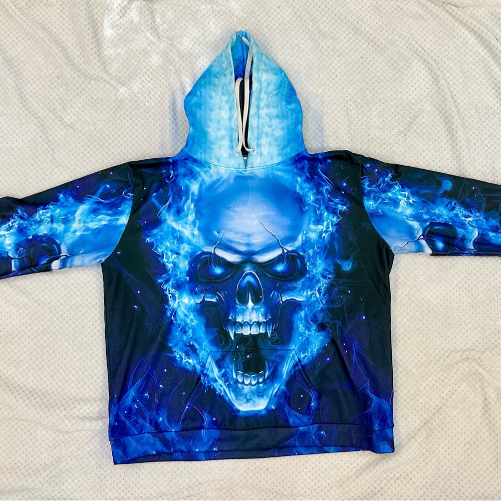 Men's 4XL Sweatshirt Flaming Fanged Skull Long Sleeve Hooded Ice Blue / Black